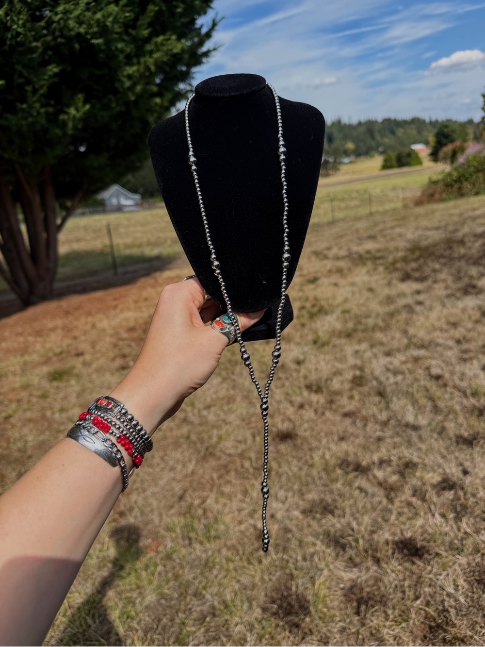 24.5โ Stainless Steel Beaded Lariat Necklace 4-8mm Pearls